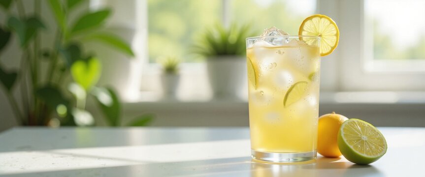 Refreshing Lemonade with Ice and Citrus Slices against Bright Window Background with Copy Space