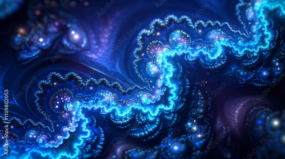 Poster electric neon fractals. intricate patterns pulsating in shades of blue and violet. glossy finish wit