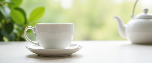 Fototapeta premium White teacup and teapot serene morning scene against blurred green background with copy space