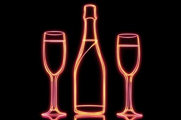 An illuminated neon display of champagne bottle and glasses contrasted against a black background.