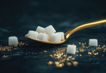 White sugar cubes sit on a golden spoon, with sparkling golden sugar scattered around them on a...