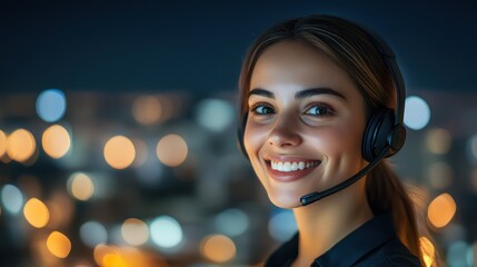 Smiling woman with headset in a blurred city background.