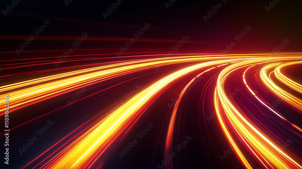 Poster fast-moving neon light streaks. curved yellow and red laser rays creating a sense of speed. glowing 