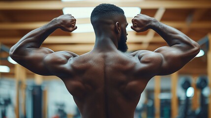 Muscular man flexing biceps in gym. Back view of a strong, physically fit black man showcasing his well-developed upper body muscles in a fitness center.