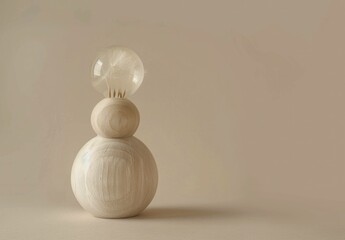 Minimalistic wooden lamp with transparent light bulb, modern design on beige background, showcasing simplicity and elegance in home decor.