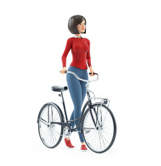 3d casual girl walking next to bicycle