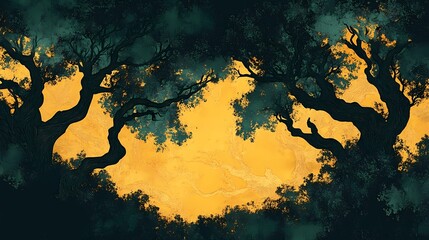 Obraz premium Magical forest illustration blending traditional pyrography styles with vibrant digital art, creating a surreal and atmospheric composition.