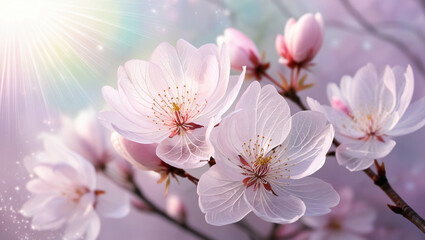Obraz premium cherry blossom flower in foggy spectrum background, created by Generative AI