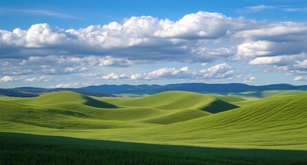 Obraz premium Serene landscape of rolling green hills under a clear blue sky, with fluffy white clouds and vibrant grass. 