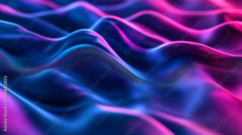 Fototapete Hypnotic neon waves. Flowing patterns in deep blue and violet. Subtle shimmering texture and glowing edges. Horizontal element for festive party, seminar talks, social media post