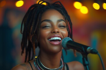 radio presenter sitting in a chair, shouts with a smile in her face into a microphone, mouth open, during radio recordings in a radio station studio