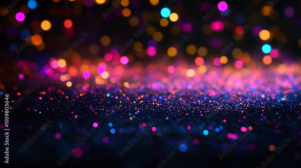 Poster neon dots and specks in varying sizes scattered across a dark surface, creating a cosmic starry nigh