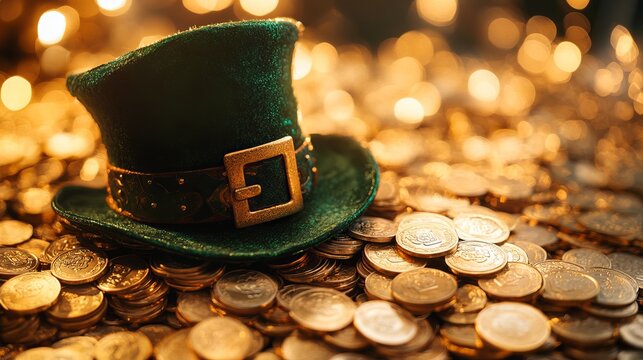 A vibrant green leprechaun hat with a buckle is perched on a stack of shiny gold coins, symbolizing luck, treasure, and folklore magic against an enchanting background.