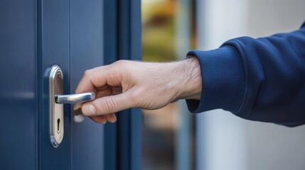 A hand reaches for the metal handle of a blue door, preparing to open it, revealing hints of a vibrant location behind. The action appears deliberate and focused
