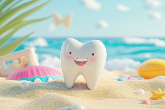 A cheerful tooth character is playfully posed on soft sand at a bright beach. Waves gently lap at the shore under a clear sky, creating a fun, vibrant atmosphere