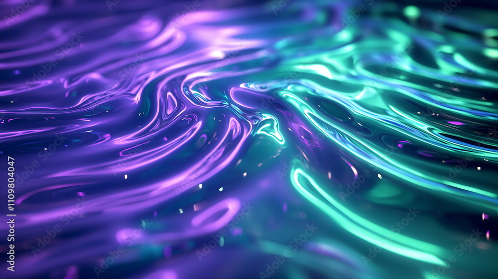 Poster neon ripple effect. abstract shapes pulsating in shades of green and purple. glossy finish creating 
