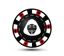 Vector casino chip. With a hacker image inside. Spade chip. Game, sport