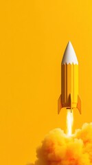 Obraz premium A pencil-shaped rocket launches against a vibrant yellow background, AI