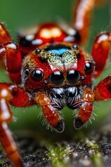 Fototapeta premium Macro portrait of a spider on a green background