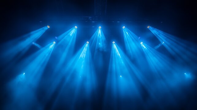 A dramatic capture of blue stage lights beaming into the space, creating an atmosphere suitable for concerts, events, or theatrical performances.