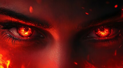 Naklejka premium A dramatic close-up of eyes with flaming red hues and embers evokes intense passion and fierce determination. The fiery backdrop enhances the captivating glare.