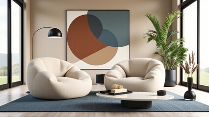 Generative AI, A Bright and Airy Living Room Merging Geometric Art, Textured Furniture, and Subtle Contrasts for a Perfect Blend of Whimsy and Elegance