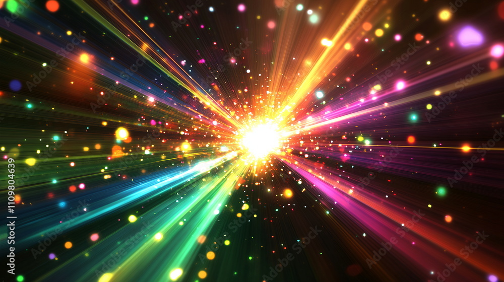 Poster radiant light patterns. intersecting rays in vibrant colors. dynamic contrast and glowing highlights