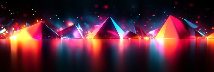 Abstract light refraction and prism reflections creating vivid, colorful shapes and patterns on a dark background, blending geometric forms with vibrant neon light effects