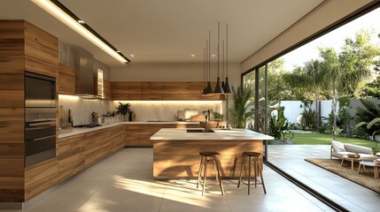 Fototapeta premium A beautiful kitchen interior featuring wooden cabinetry, an island, and large windows leading to a lush garden, filled with natural light and a warm, welcoming vibe.