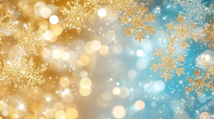 Festive Golden and Blue Bokeh Background with Glittering Snowflakes for Holiday Celebrations and Seasonal Designs