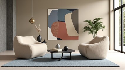 Generative AI, A Bright and Airy Living Room Merging Geometric Art, Textured Furniture, and Subtle Contrasts for a Perfect Blend of Whimsy and Elegance