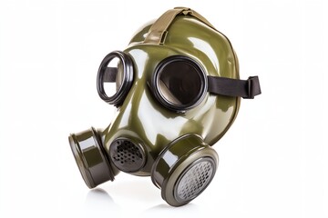 A green gas mask with black straps and goggles. The mask is designed to protect the wearer from harmful gases and particles