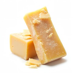 Two yellow blocks of cheese with a pile of cheese on top. The cheese is yellow and has a crumbly texture