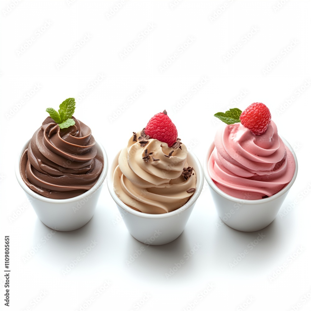 Aufkleber three different flavored ice cream cupcakes with raspberries on top. the cupcakes are arranged in a 