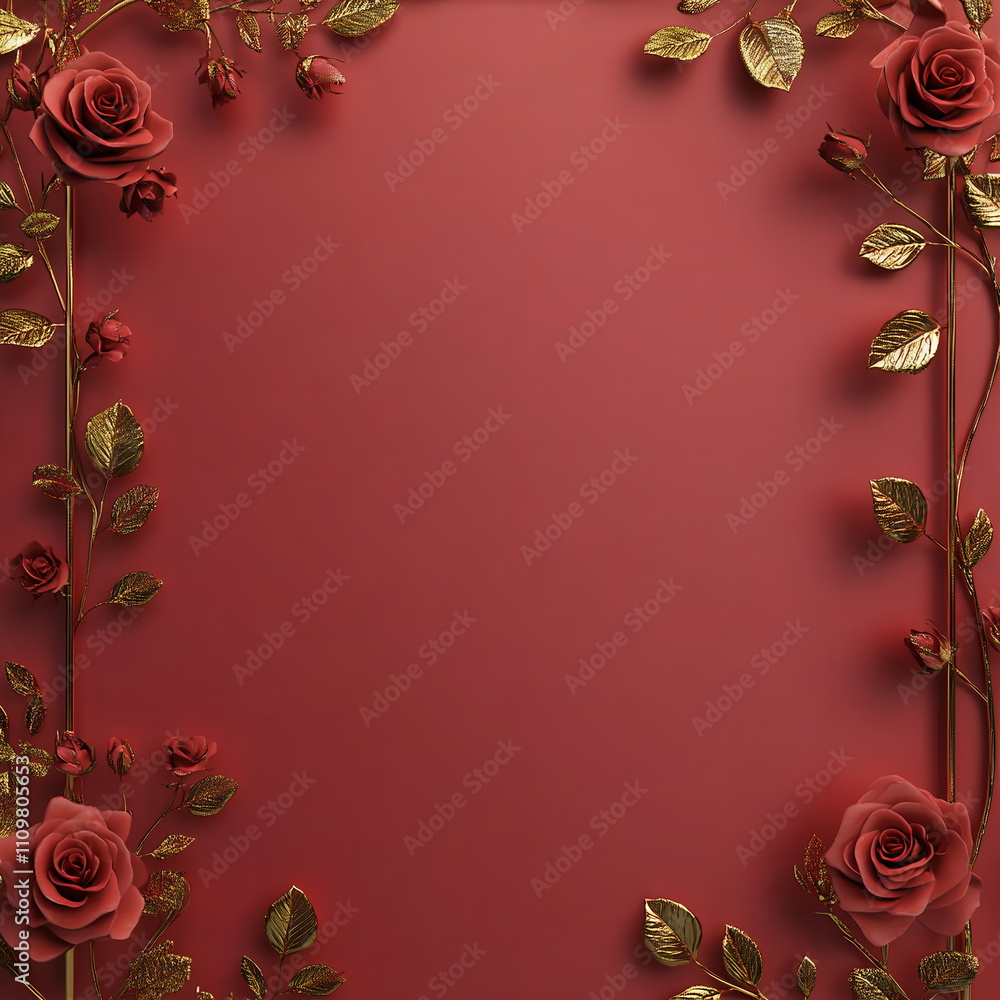 Fototapete deep red valentine's day scene with faint outlines of roses and kisses around the border, leaving a 
