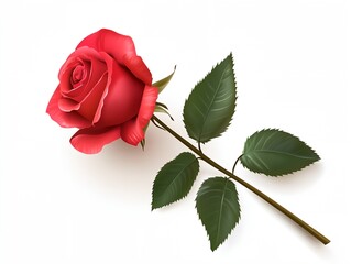 A red rose with a green leaf on a white background. The rose is the main focus of the image, and the green leaf adds a touch of color and contrast. Scene is romantic and delicate