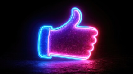 Vibrant Neon Thumbs Up Icon. Three-Dimensional Pink and Blue Symbol on Black Background