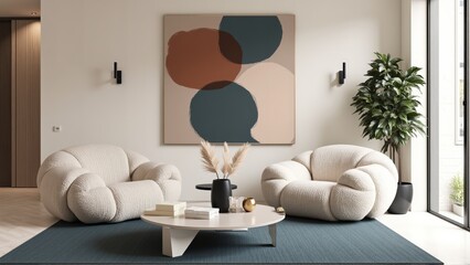 Generative AI, A Bright and Airy Living Room Merging Geometric Art, Textured Furniture, and Subtle Contrasts for a Perfect Blend of Whimsy and Elegance