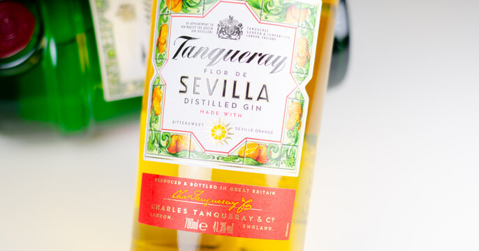LONDON, UK - 28 MARCH 2024 A bottle of Tanqueray Flor De Sevilla gin contains the perfect balance of the bittersweet flavour of Seville oranges and the complexity of the original Tanqueray