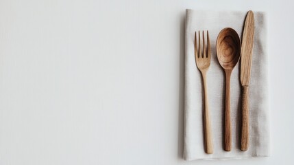 Wooden utensils arranged on a linen napkin for dining.