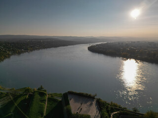 View of the Danube in the evening, Novi Sad - Aerial Drone View, Serbia