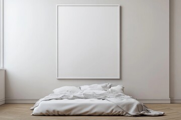 Minimalistic modern bedroom with a white vertical accent wall, blank poster frame above the bed, wooden flooring, and soft lighting