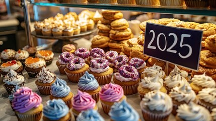 A bakery display with cookies and cupcakes arranged to spell the written text "2025"