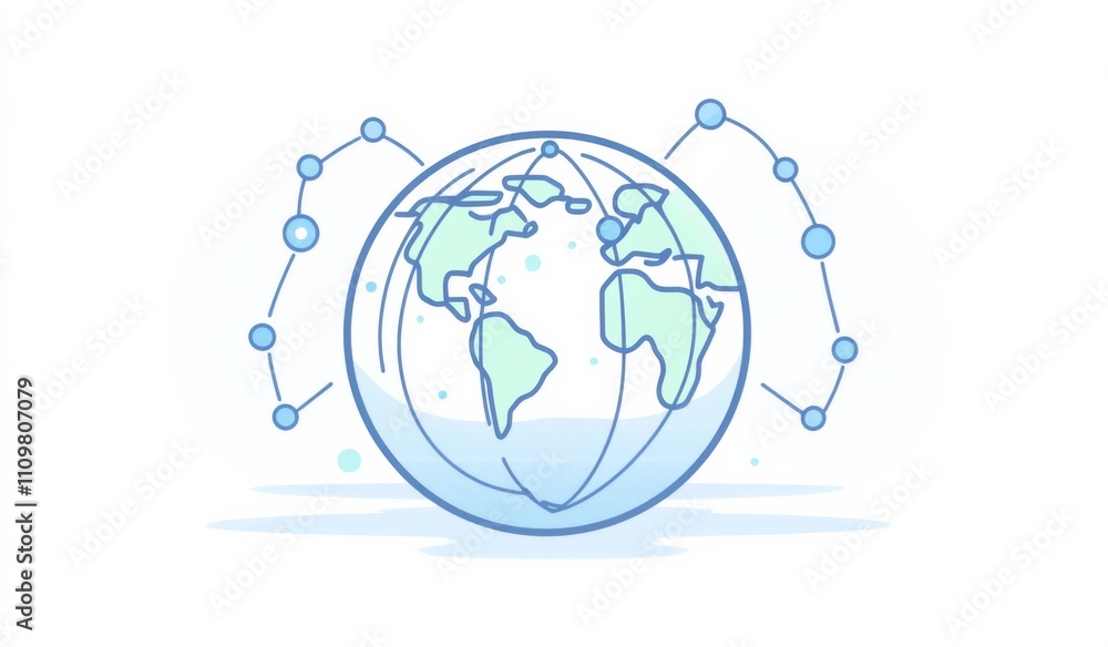 Poster a simple line drawing of an abstract network grid on the globe, with light blue lines and dots
