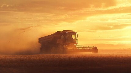 Fototapeta premium Combine harvester unloading grain into a truck, mid-action, dust, golden sunset,