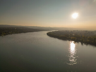View of the Danube in the evening, Novi Sad - Aerial Drone View, Serbia