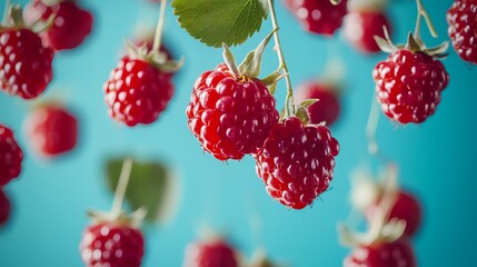 A detailed close-up of three ripe, red raspberries hanging against a vivid teal background,...