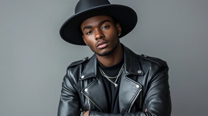Fototapeta premium An individual with a confident demeanor dressed in a black leather jacket and wide-brimmed hat, paired with accessories, showcasing modern fashion sensibilities.