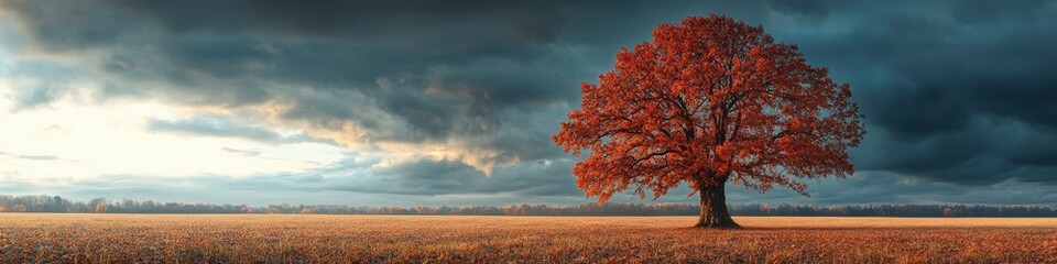 Naklejka premium Vibrant Autumn Tree in Golden Field Landscape