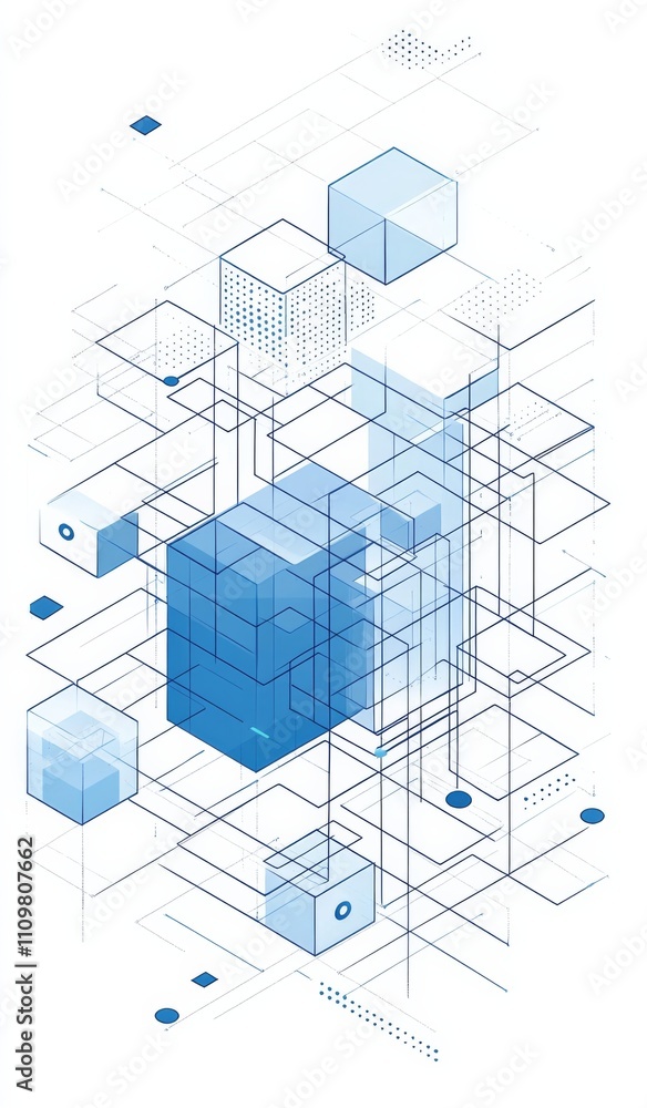 Poster simple line drawing of blockchain with blue blocks connected in isometric perspective. floating cube